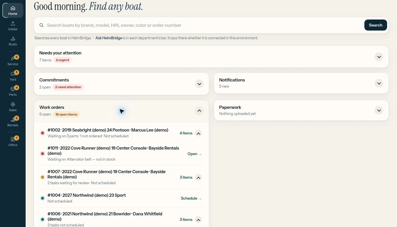 Actual HelmBridge Home screen with search, commitments and open work