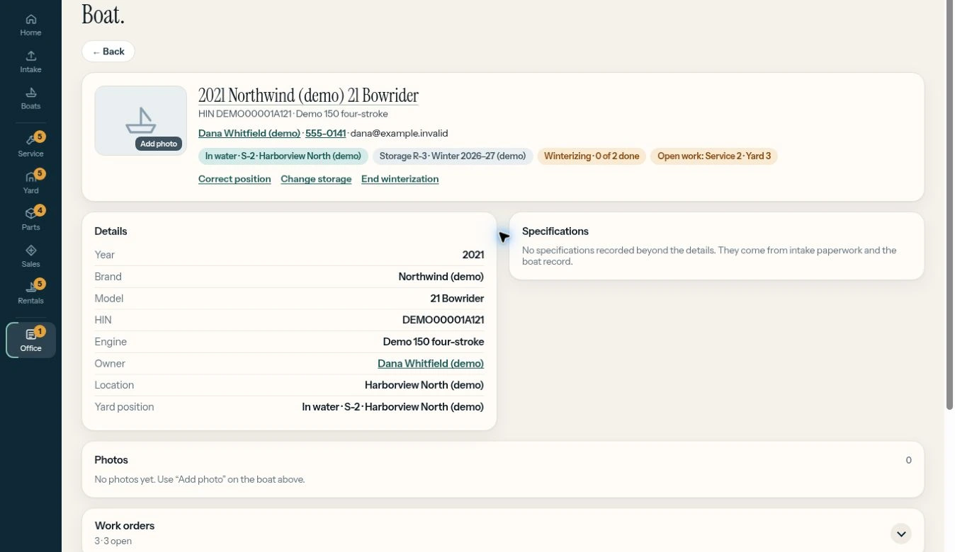 Actual HelmBridge boat profile with customer, position and linked work